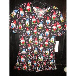 Elite Med Gnome Candy Cane Snowflake Holiday Christmas Scrub Top Size Medium M